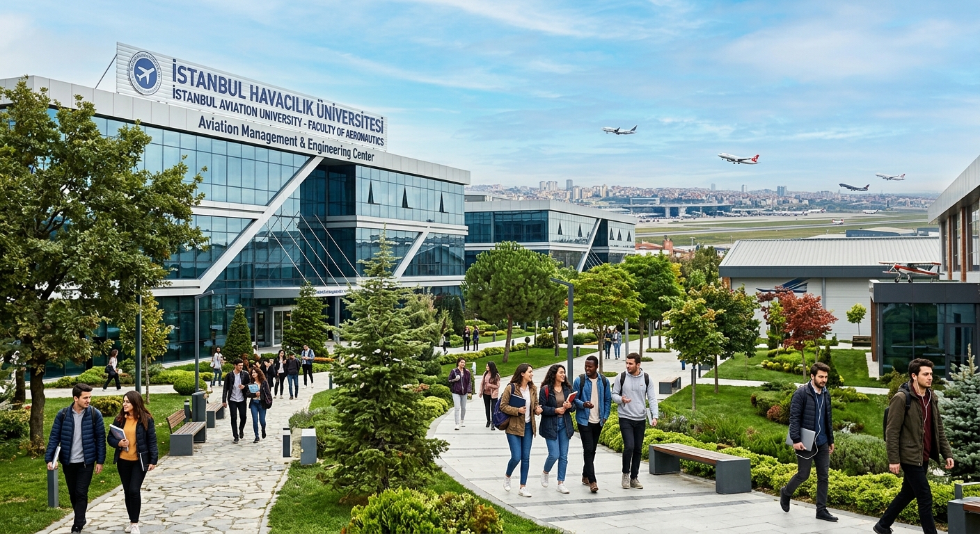 Modern university campus in Istanbul with aviation-themed facilities, students walking near a contemporary glass building, airplanes visible in the distant sky, green landscaped pathways, bright daylight