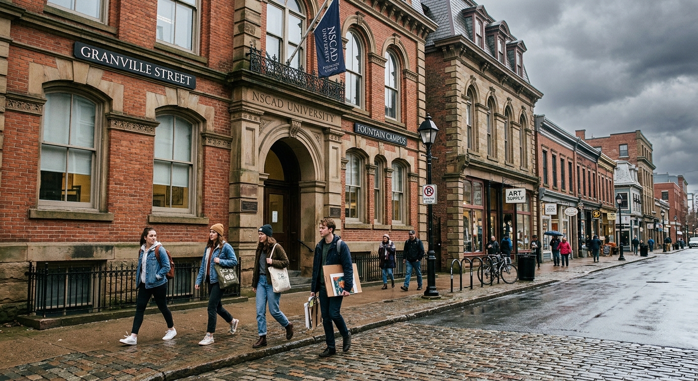 NSCAD University Fountain Campus in downtown Halifax, historic Victorian heritage buildings with large windows on Granville Street, cobblestone sidewalks, overcast maritime sky, students walking between interconnected brick and stone buildings