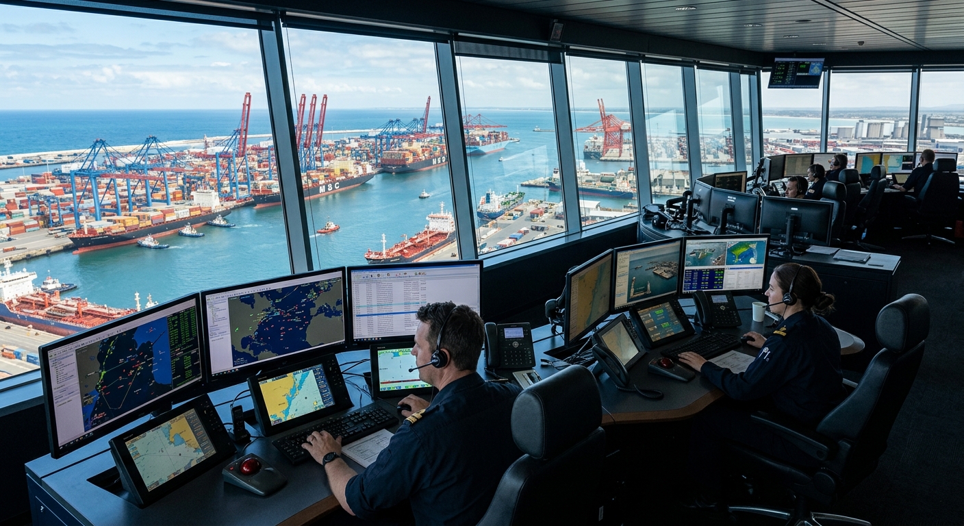 Modern maritime operations control room overlooking a busy commercial port, with cargo ships and cranes visible through panoramic windows, digital navigation screens and charts on desks, professional maritime atmosphere with blue ocean tones