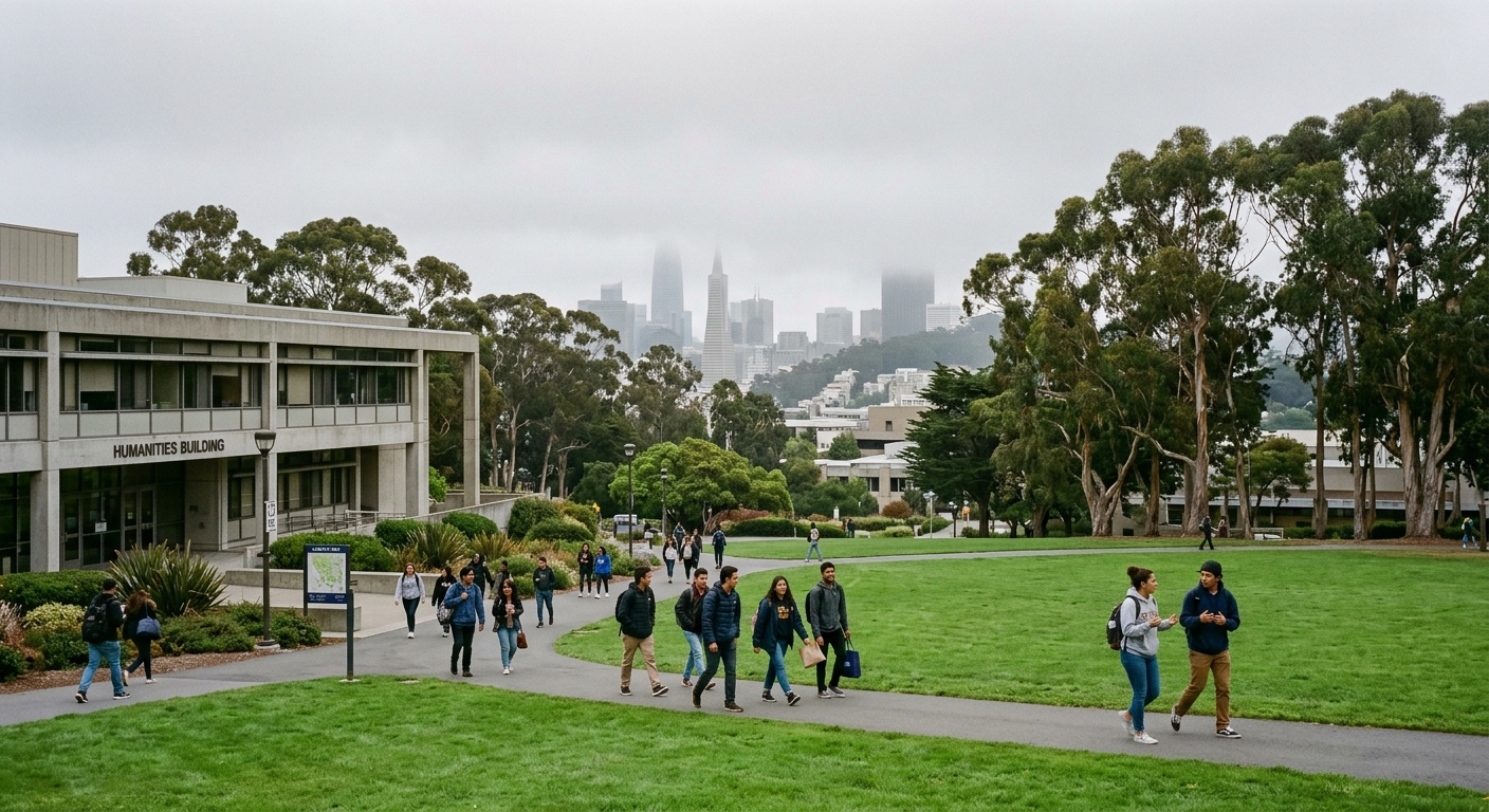 San Francisco State University campus with Humanities Building in foreground, green lawns and eucalyptus trees, students walking along pathways, foggy San Francisco skyline in the background