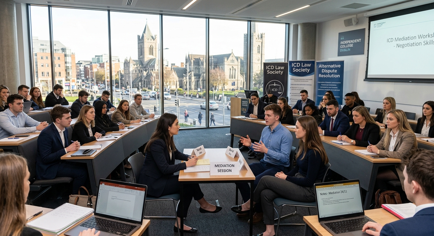 Modern lecture hall at Independent College Dublin with students engaged in a mediation role-play exercise, large windows overlooking Dublin city centre, professional and collaborative atmosphere