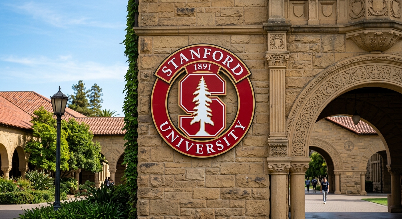 Stanford University official logo featuring a cardinal red shield with a tall evergreen tree and the text Stanford University