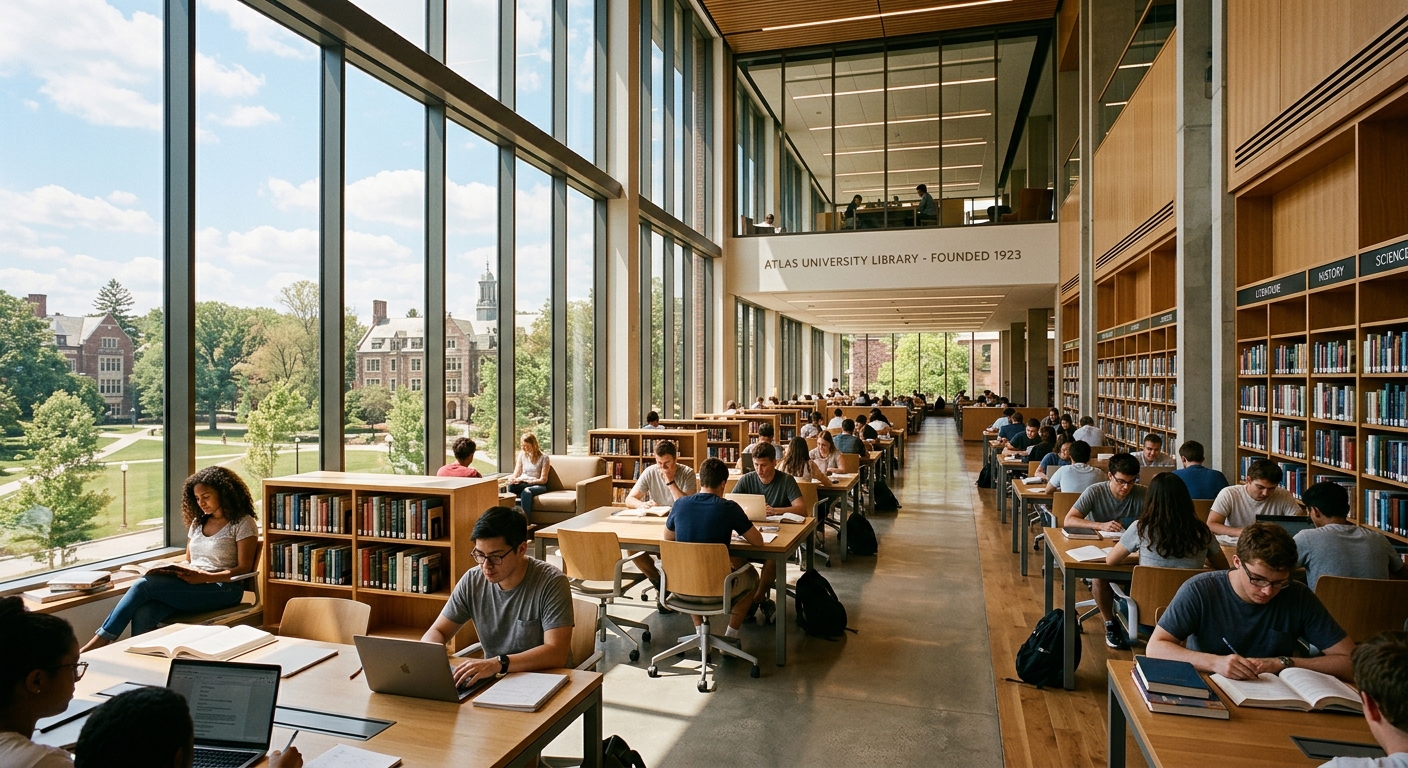 Atlas University modern library interior, spacious reading area with floor-to-ceiling windows, students studying at desks, bookshelves, warm natural lighting