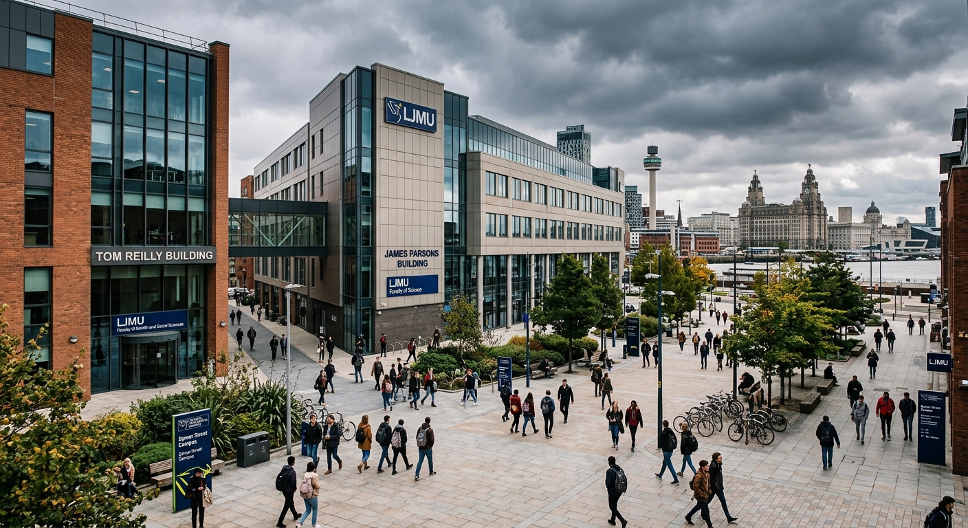 Liverpool John Moores University City Campus wide-shot, modern James Parsons Building and Tom Reilly Building with Liverpool city skyline in background, students walking across Byrom Street plaza, overcast British sky
