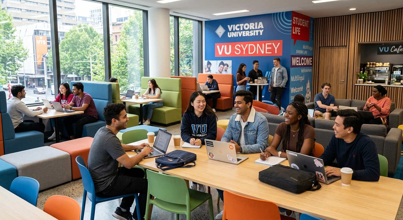 VU Sydney student common area with multicultural students socialising, modern furniture, VU branding on walls, bright and welcoming atmosphere
