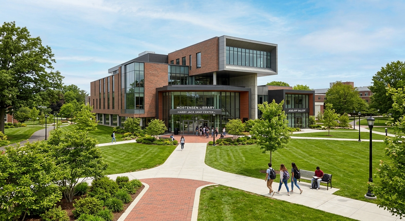 Harry Jack Gray Center at University of Hartford, a large modern academic building housing the Mortensen Library and Joseloff Gallery, surrounded by green lawns and walkways