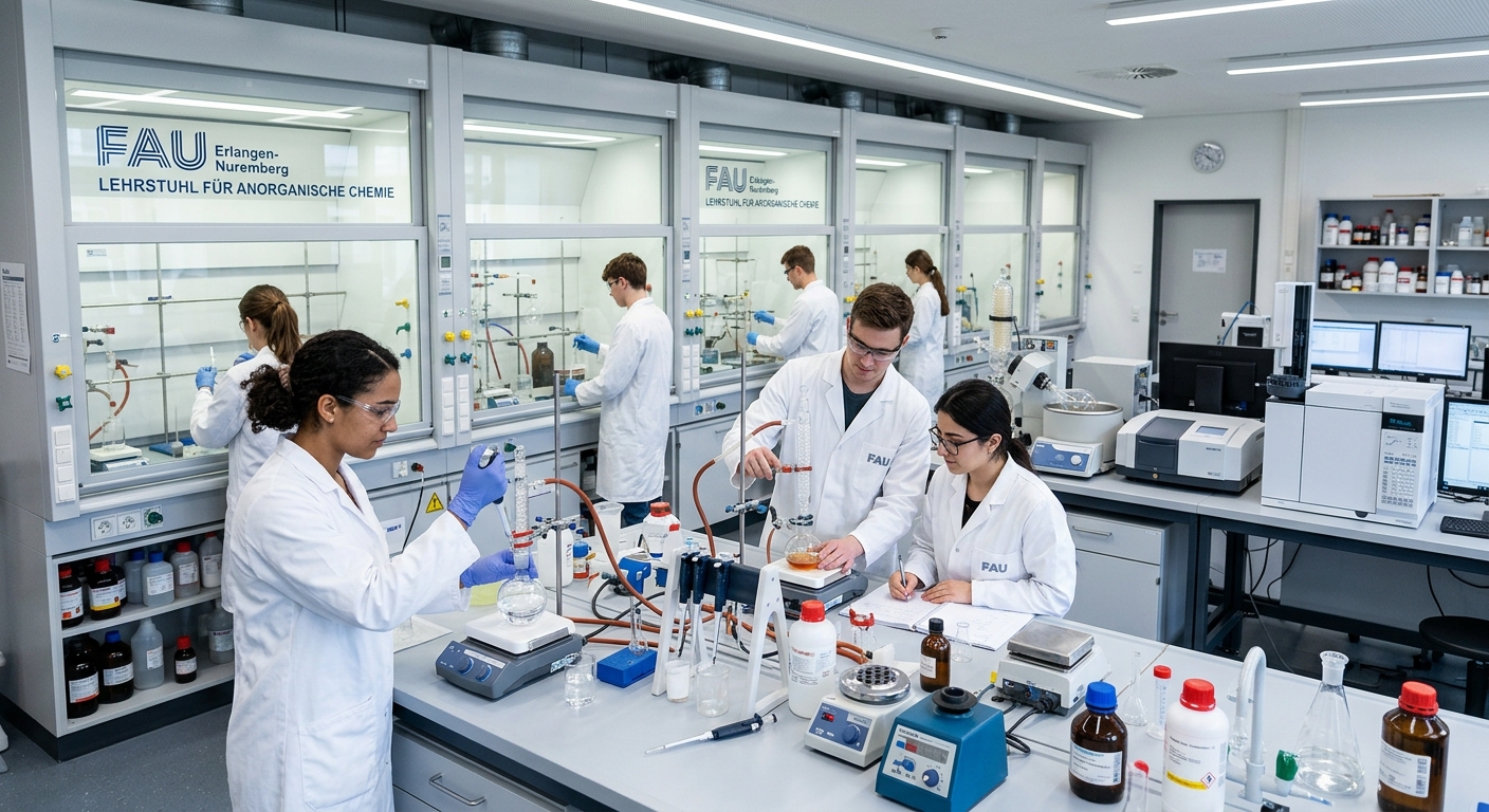 Modern chemistry laboratory at FAU Erlangen-Nuremberg with students conducting experiments, glass beakers, fume hoods, and analytical instruments under bright fluorescent lighting