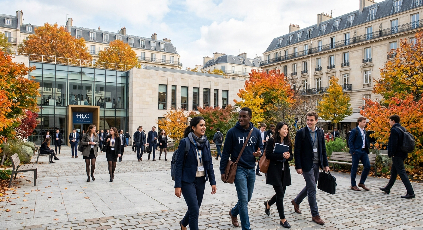 Modern business school campus in Paris with international students walking through a courtyard, Parisian architecture in the background, autumn leaves, professional academic atmosphere