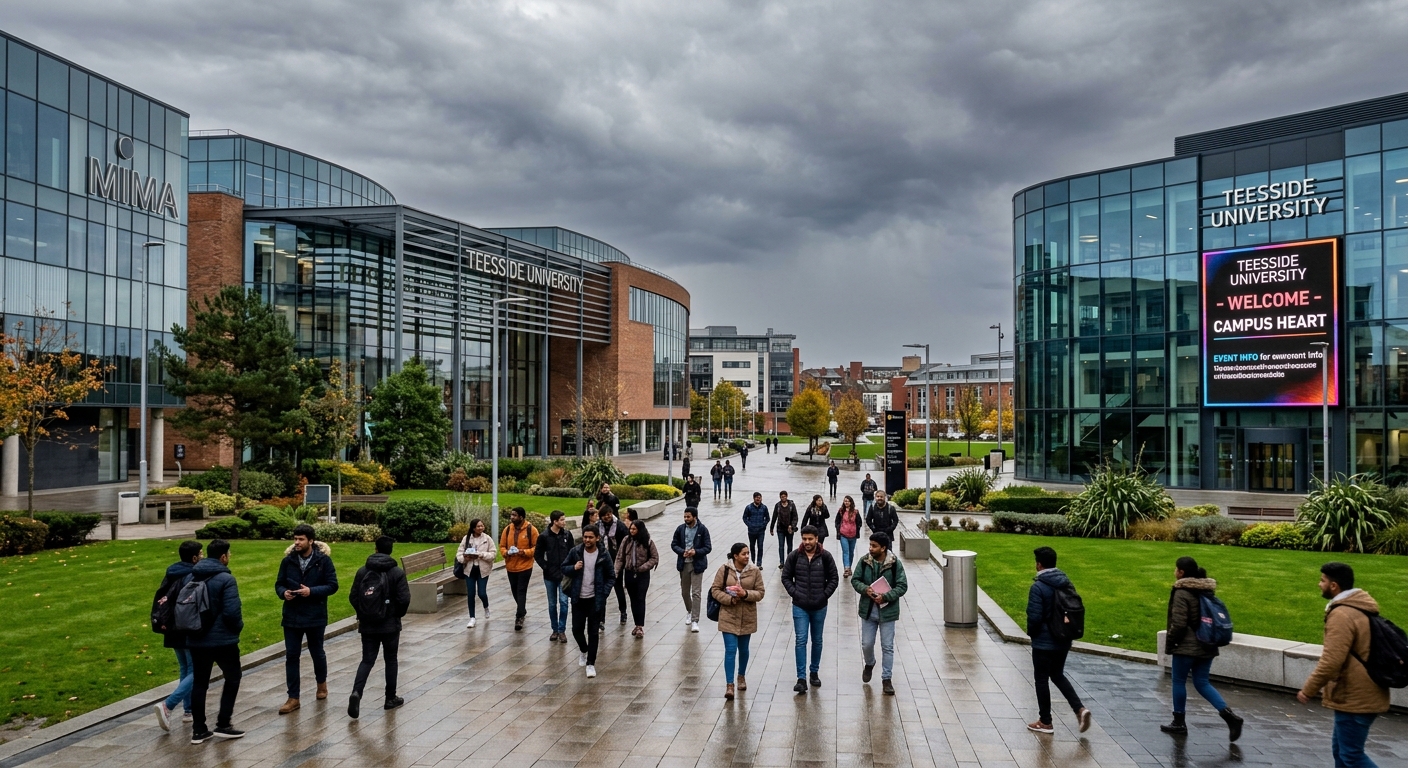 Modern Teesside University campus in Middlesbrough with contemporary glass and steel buildings, international students walking through the central plaza, green landscaping and digital signage, overcast English sky