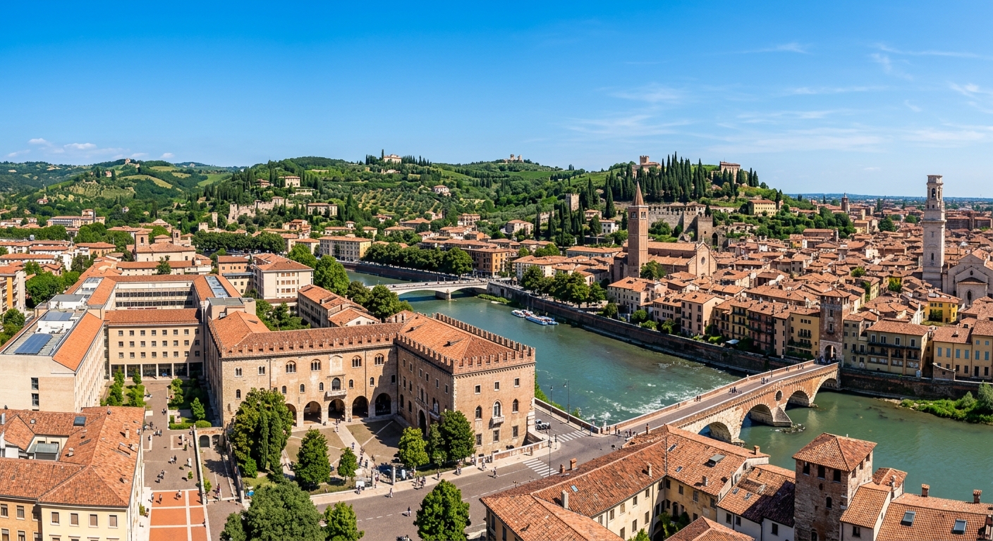 University of Verona campus wide shot showing historic Veronetta district buildings along the Adige River, terracotta rooftops, Renaissance architecture, and green hills in the background under clear Italian sky