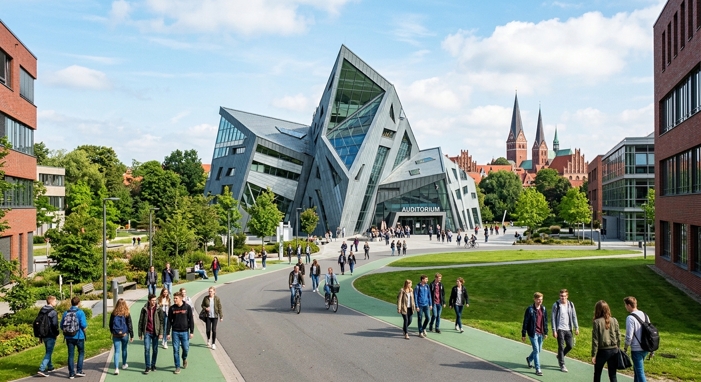 Modern Leuphana University campus in Lüneburg with the iconic Daniel Libeskind-designed central building, students walking on green pathways, red-brick architecture of the historic town visible in the background, bright daylight