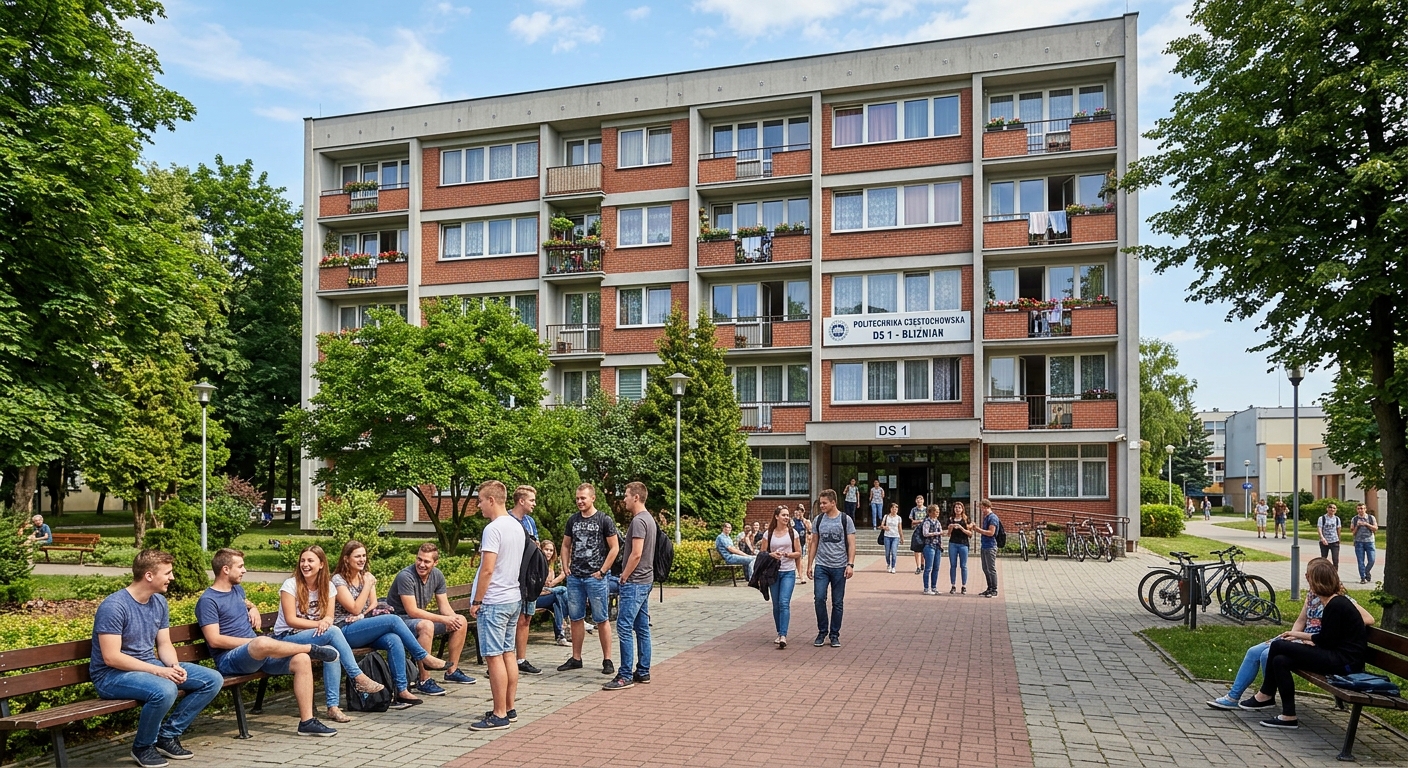 Student dormitory building at Częstochowa University of Technology campus, multi-story residential hall, green trees, students socializing outside