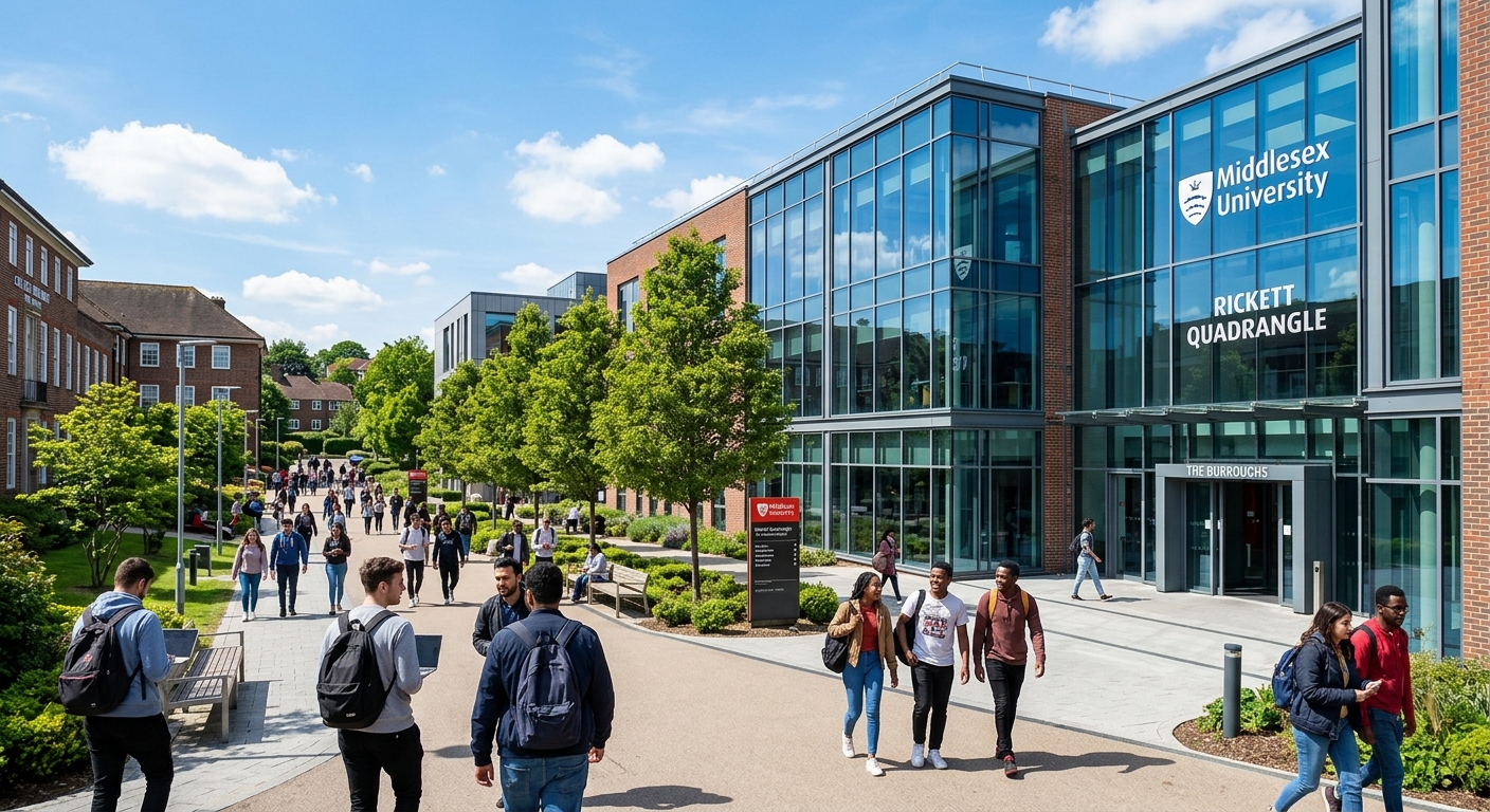 Middlesex University Hendon campus in north London, modern academic buildings with glass facades, students walking along tree-lined pathways, bright daylight with blue sky