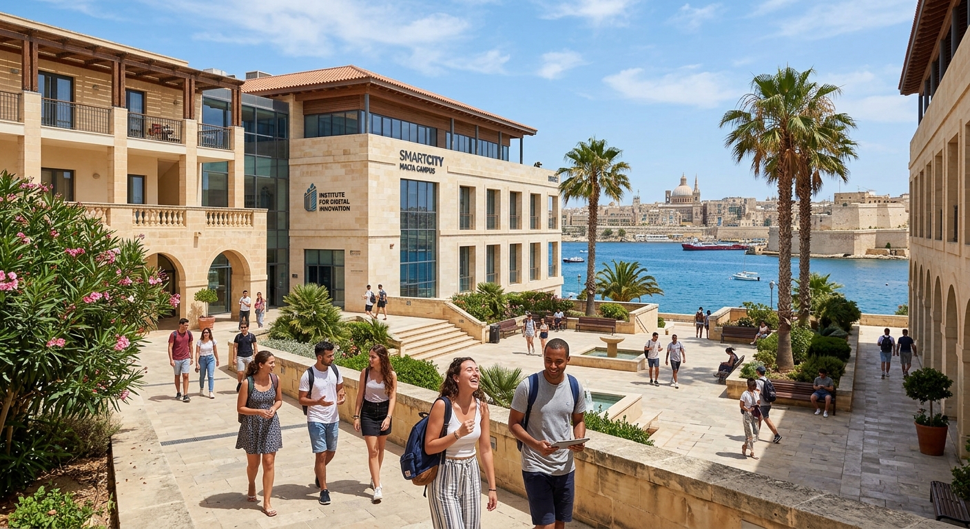 Modern campus building at SmartCity Malta with Mediterranean architecture, palm trees, and international students walking through a sunlit courtyard with the Maltese harbour visible in the background