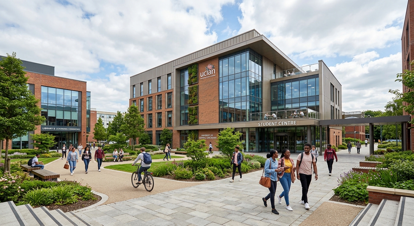 Modern university campus building at the University of Lancashire in Preston, UK, with students walking through a courtyard surrounded by contemporary architecture and green landscaping under a partly cloudy sky