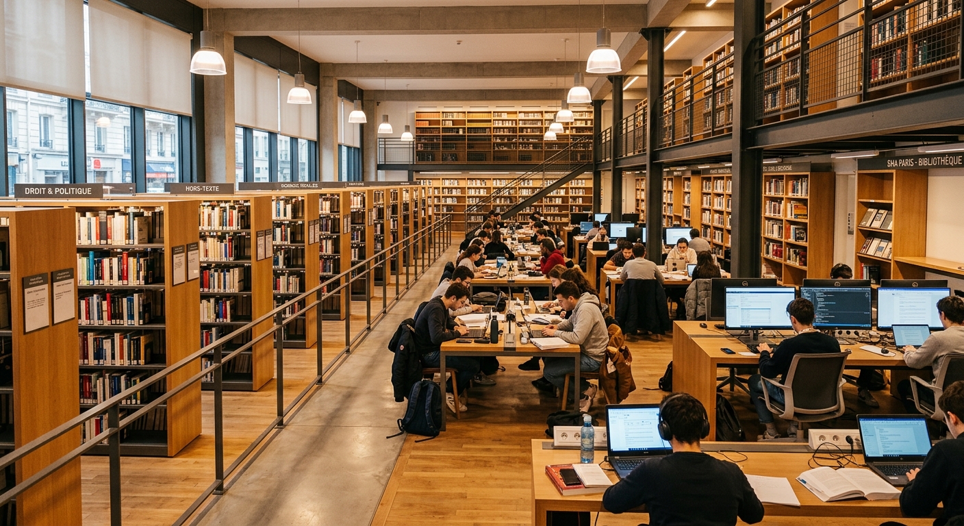 EMA Paris library interior with rows of bookshelves, digital workstations, students studying at modern desks, warm ambient lighting