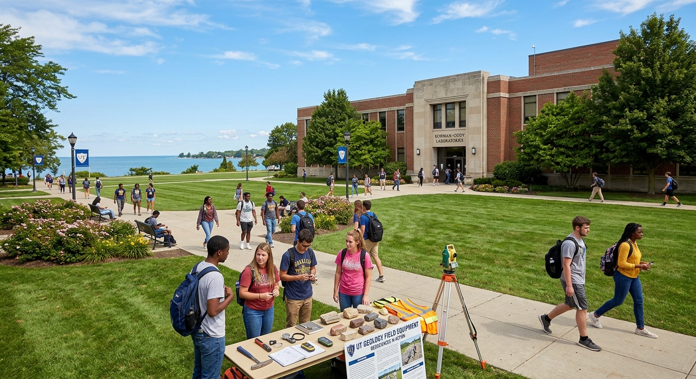 University of Toledo campus with Bowman-Oddy Laboratories building, students walking near green lawns with Lake Erie visible in the background, geological field equipment on display, sunny day in Toledo Ohio