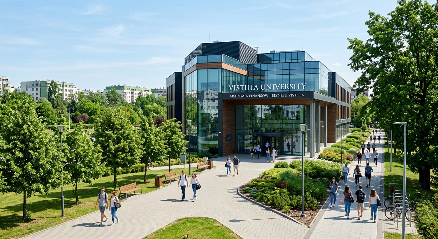 Modern Vistula University campus building in Warsaw Poland with students walking along tree-lined pathways, contemporary architecture, green Ursynow district backdrop, clear sky