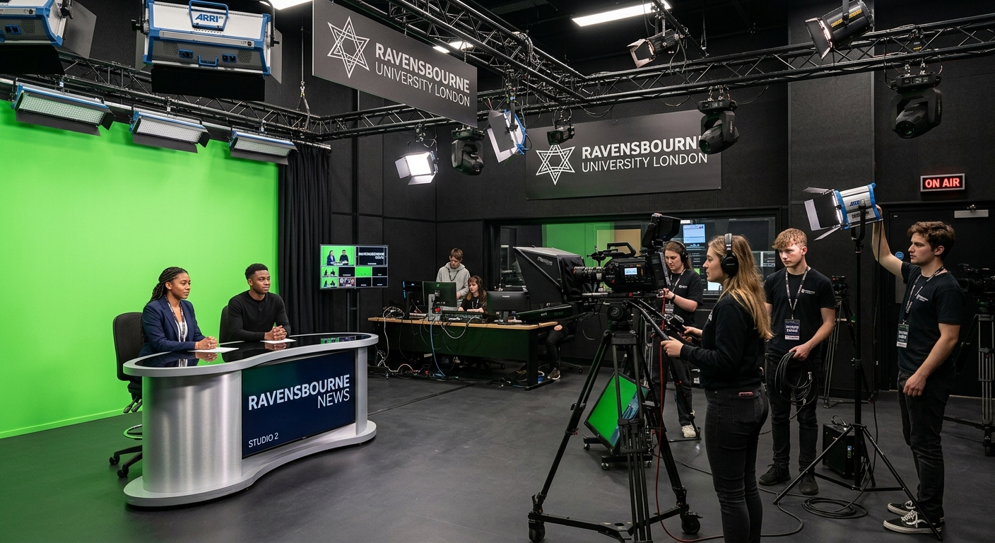 Ravensbourne University London broadcast TV studio with professional lighting rigs, cameras, green screen, and students filming a production