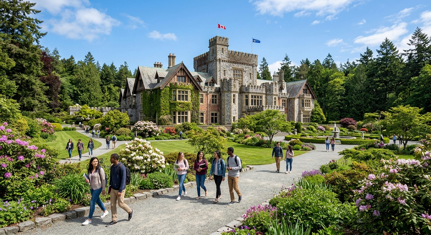 Historic Hatley Castle at Royal Roads University campus in Victoria, British Columbia, surrounded by lush green gardens and Pacific Northwest forest, with students walking along pathways under clear skies