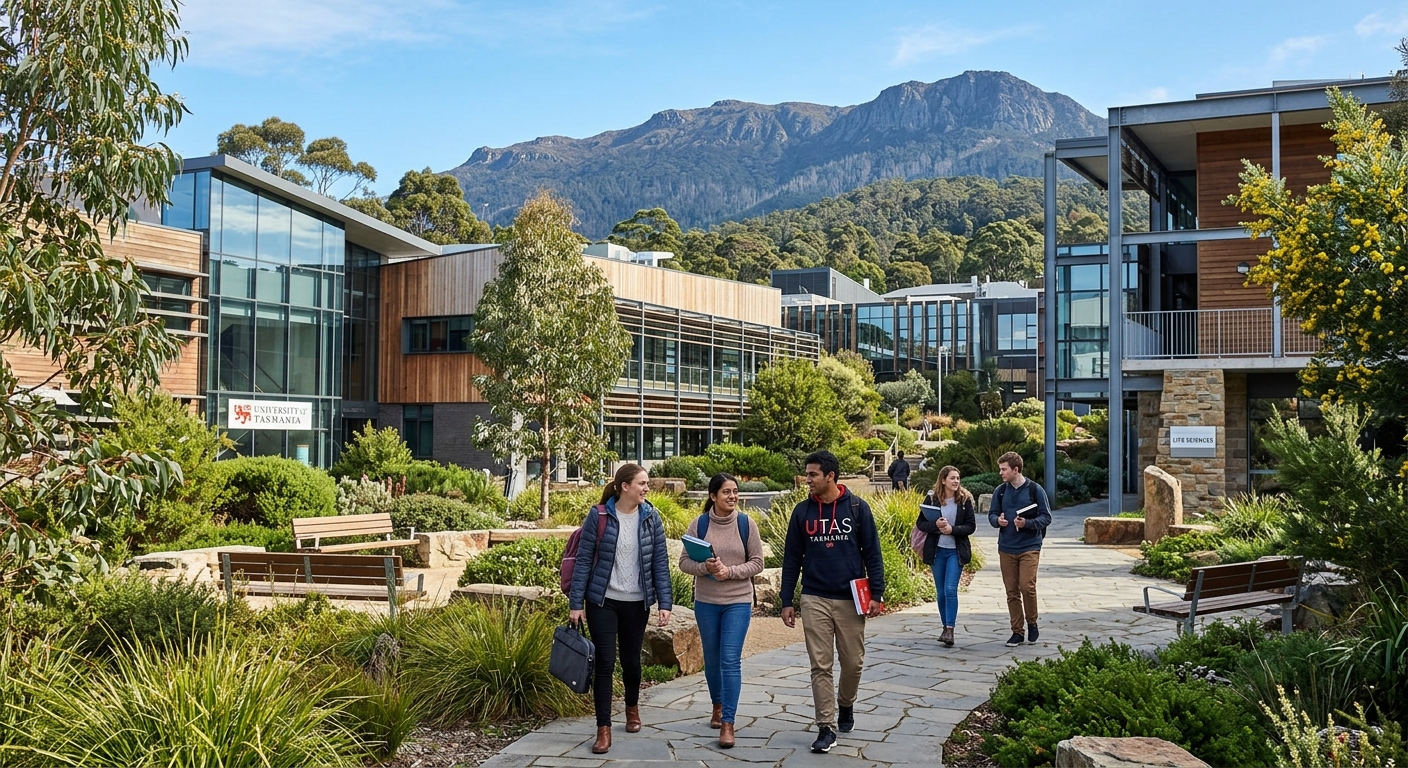 University of Tasmania campus with modern buildings surrounded by lush green Tasmanian landscape, postgraduate students walking through courtyard, mountains visible in background under clear blue sky