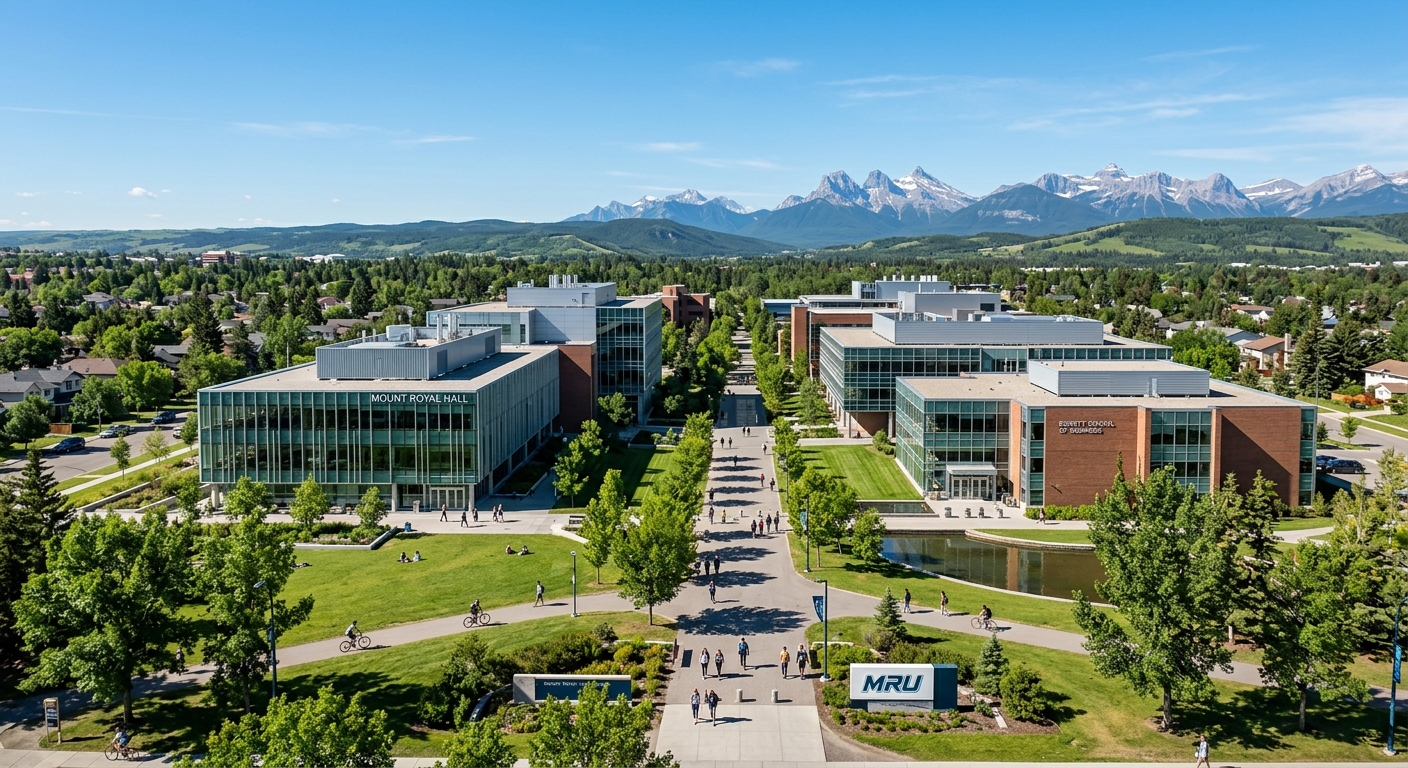 Mount Royal University campus wide shot in Calgary, Alberta, modern buildings surrounded by green spaces, Canadian Rocky Mountain foothills visible in the distance, clear blue sky, Lincoln Park neighborhood setting