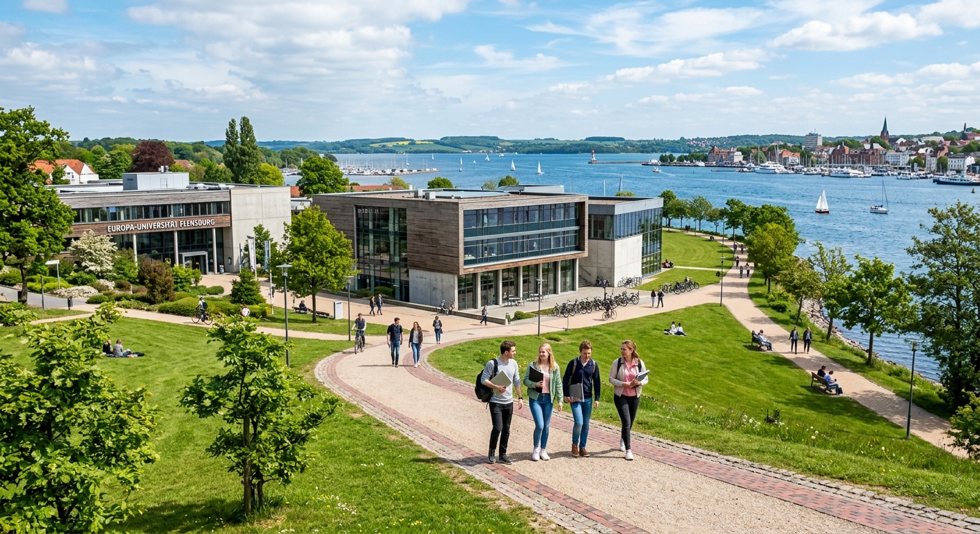 Europa-Universität Flensburg campus with modern academic buildings, green lawns, and students walking along pathways near the Flensburg Firth in northern Germany, bright daylight with blue sky
