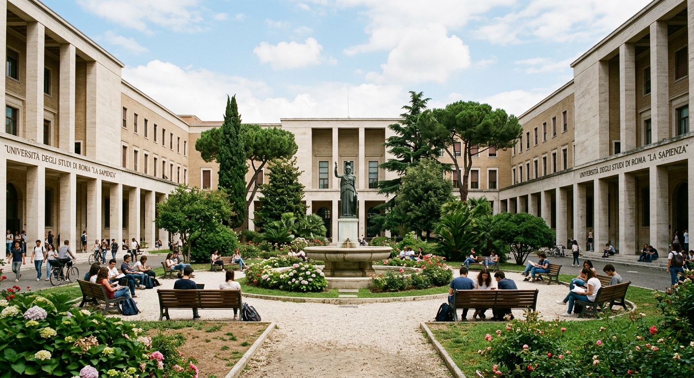 Sapienza University central courtyard with Minerva fountain, symmetrical rationalist buildings, students studying on benches, lush green landscaping