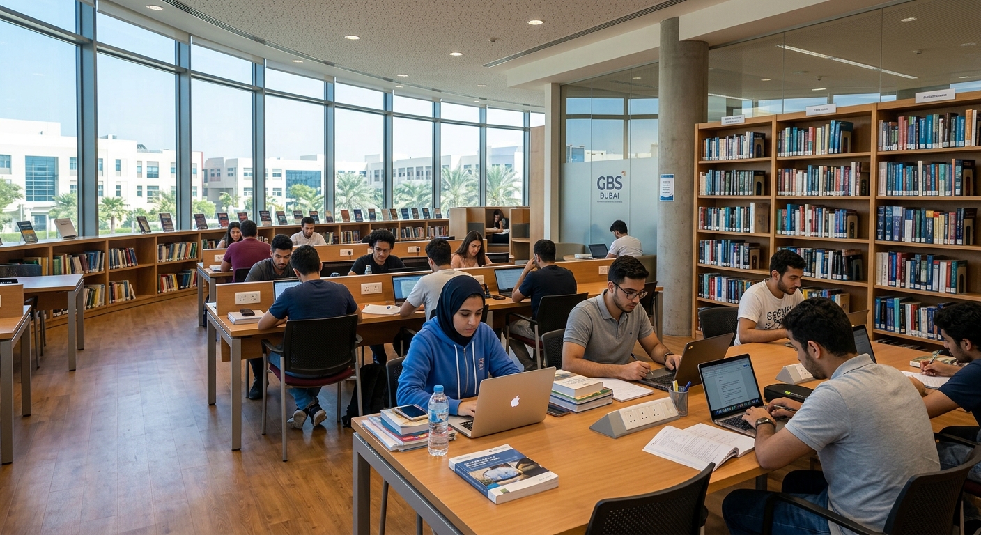 GBS Dubai library and learning centre, students studying at individual desks with laptops, bookshelves along walls, natural light from large windows