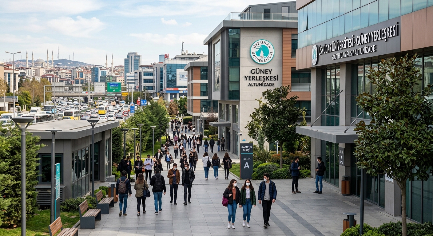 Üsküdar University South Campus building in Altunizade, contemporary architecture, students walking between buildings, urban Istanbul setting with trees and modern infrastructure