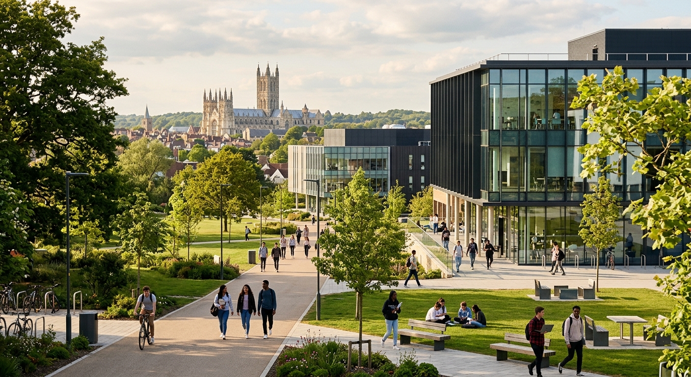 Modern university campus at the University of Kent Canterbury, featuring contemporary architecture building with large glass windows, students walking on tree-lined pathways, green parkland setting with Canterbury Cathedral visible in the background, warm afternoon light