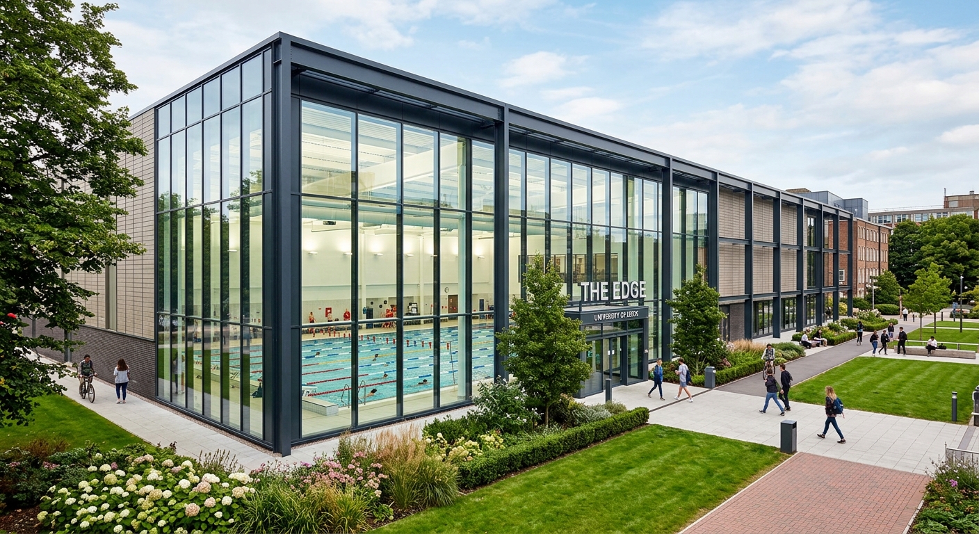 The Edge sports centre at the University of Leeds, a modern glass and steel building with a 25-metre swimming pool visible through large windows, surrounded by landscaped grounds