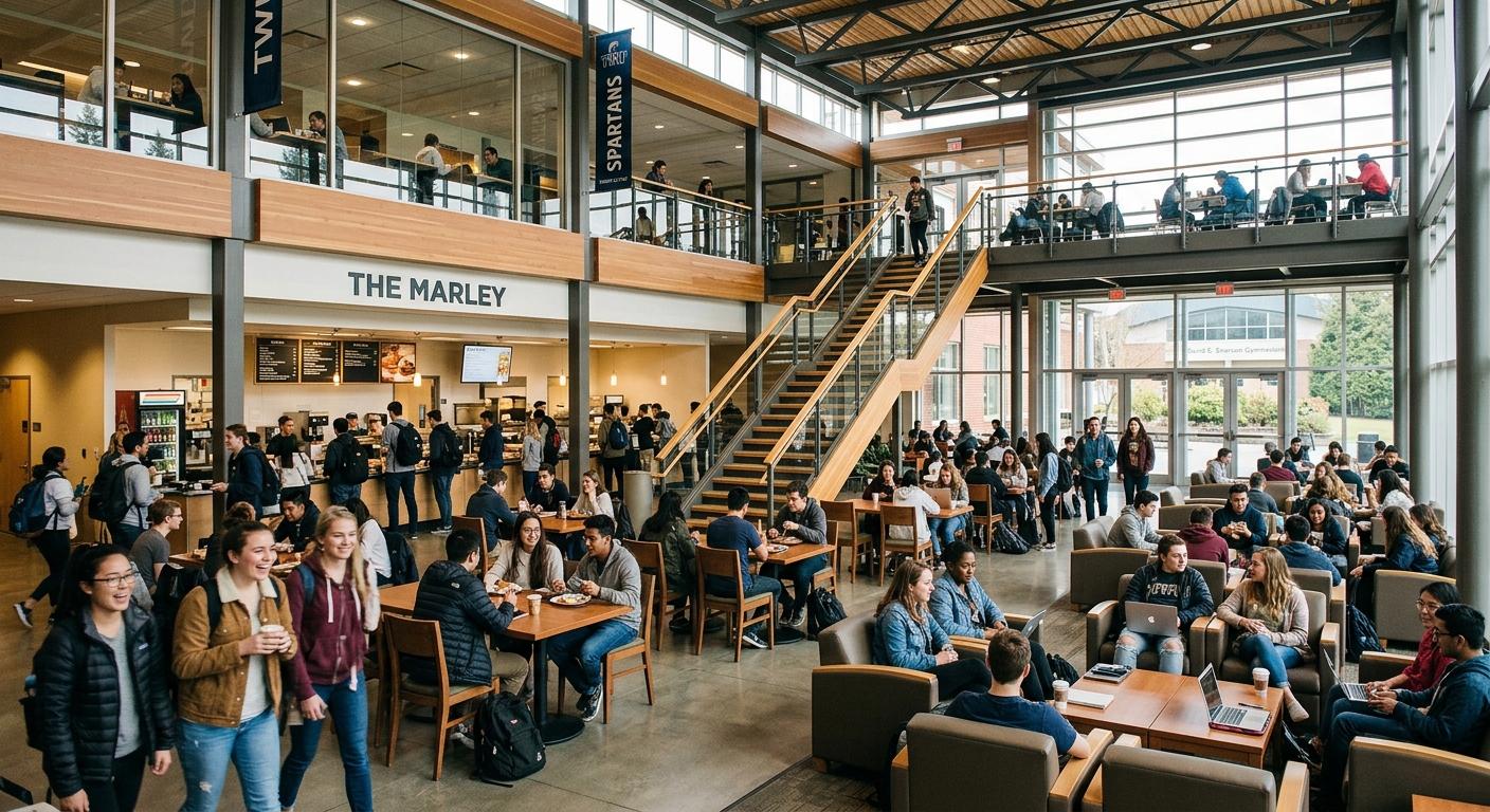 Reimer Student Centre at Trinity Western University, bustling student hub with cafeteria, lounge areas, and students socializing in a modern open-concept building