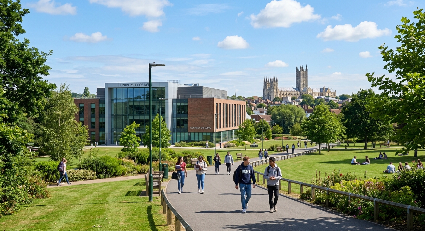University of Kent Canterbury campus with modern Kennedy building, green parkland, students walking along tree-lined paths, historic Canterbury Cathedral visible in the background under blue sky