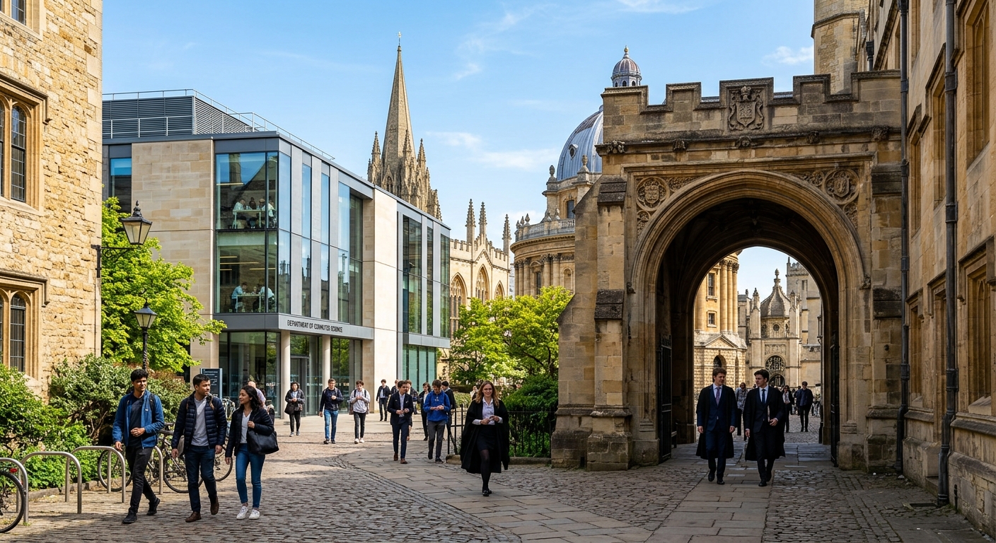 Historic University of Oxford campus with Radcliffe Camera and Bodleian Library in background, modern computer science building with glass facade, students walking through stone archways on a sunny day in Oxford, England