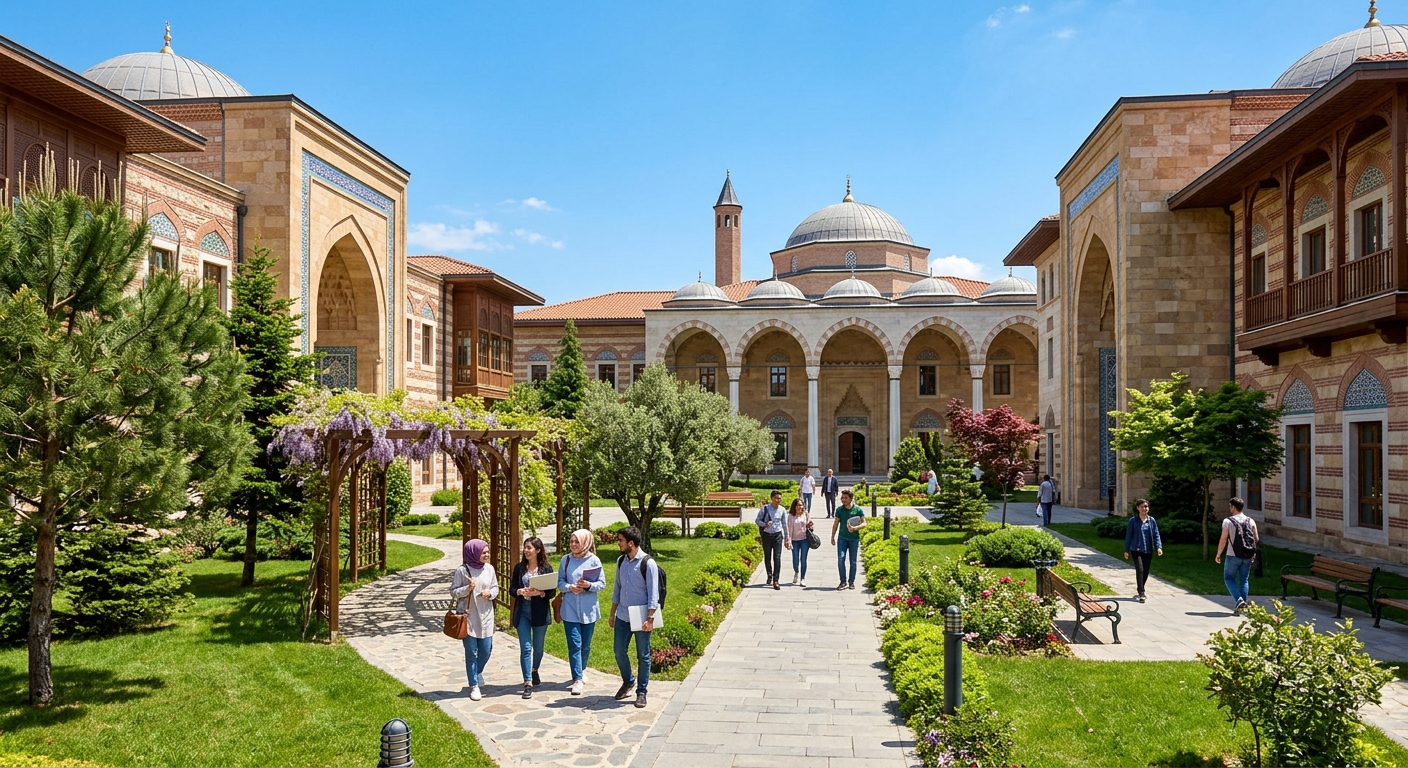 Ibn Haldun University campus in Basaksehir Istanbul, Ottoman madrasah-inspired architecture, modern graduate students walking through courtyard, green landscaped grounds, clear sky