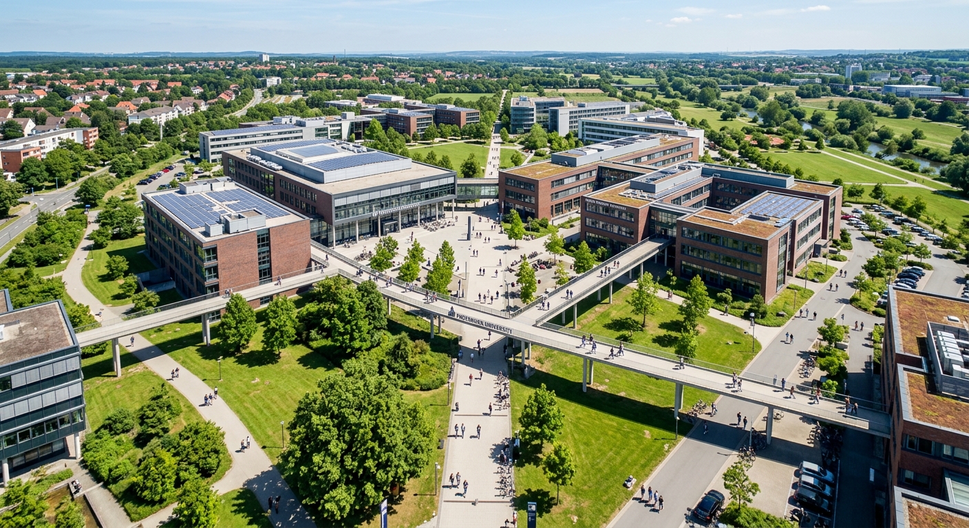 Paderborn University main campus aerial view, modern buildings connected by walkways, green lawns and trees, students walking between lecture halls, sunny day