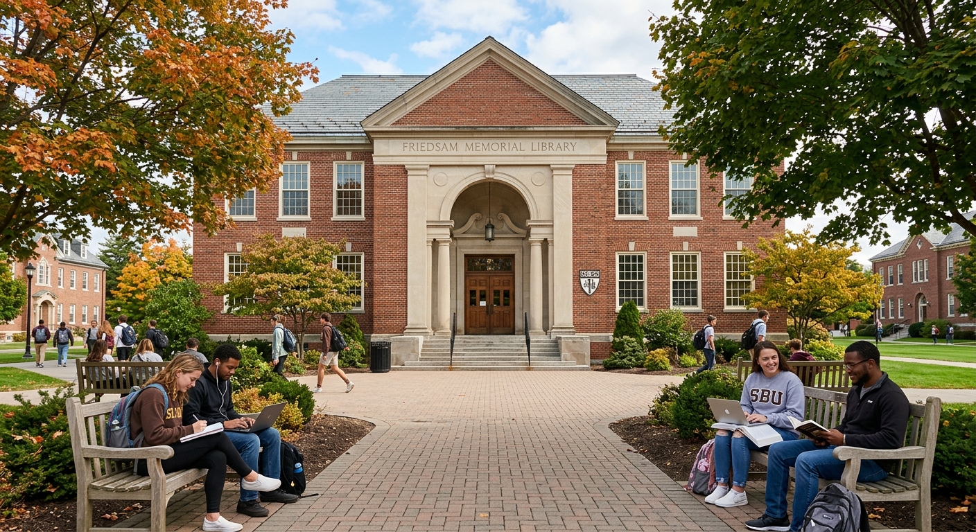 Friedsam Memorial Library at St. Bonaventure University, brick building with large entrance, students studying on outdoor benches