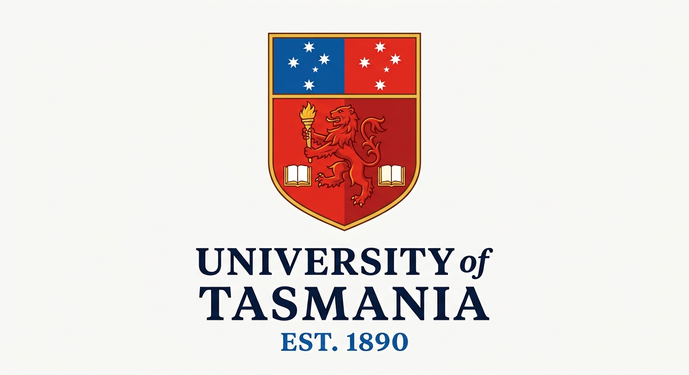 University of Tasmania official logo featuring a heraldic shield with a red lion holding a torch, Southern Cross stars on blue and red chief, two open books, and university name text below