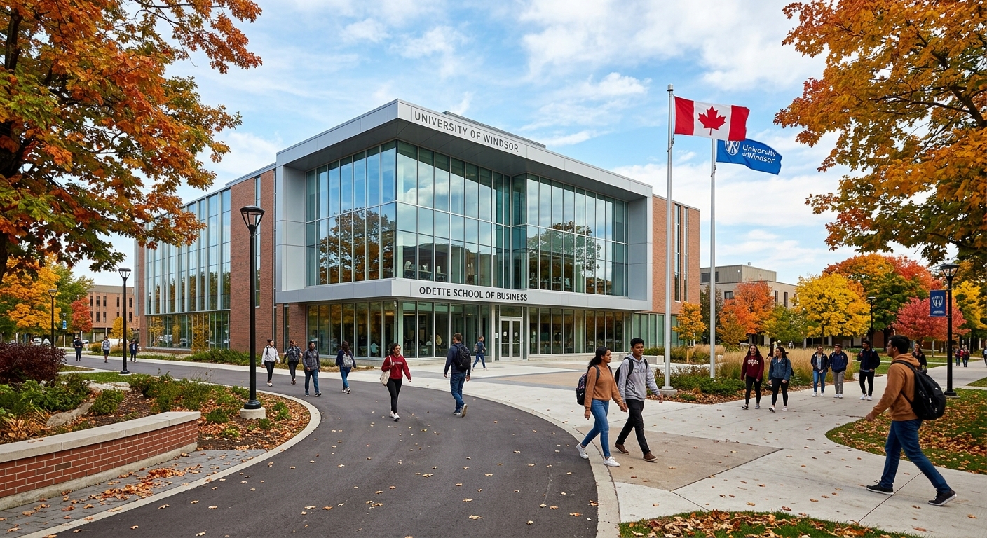 Modern Odette School of Business building at University of Windsor, glass facade with students walking on campus pathways, Canadian flag visible, autumn trees lining the walkway, bright daytime sky