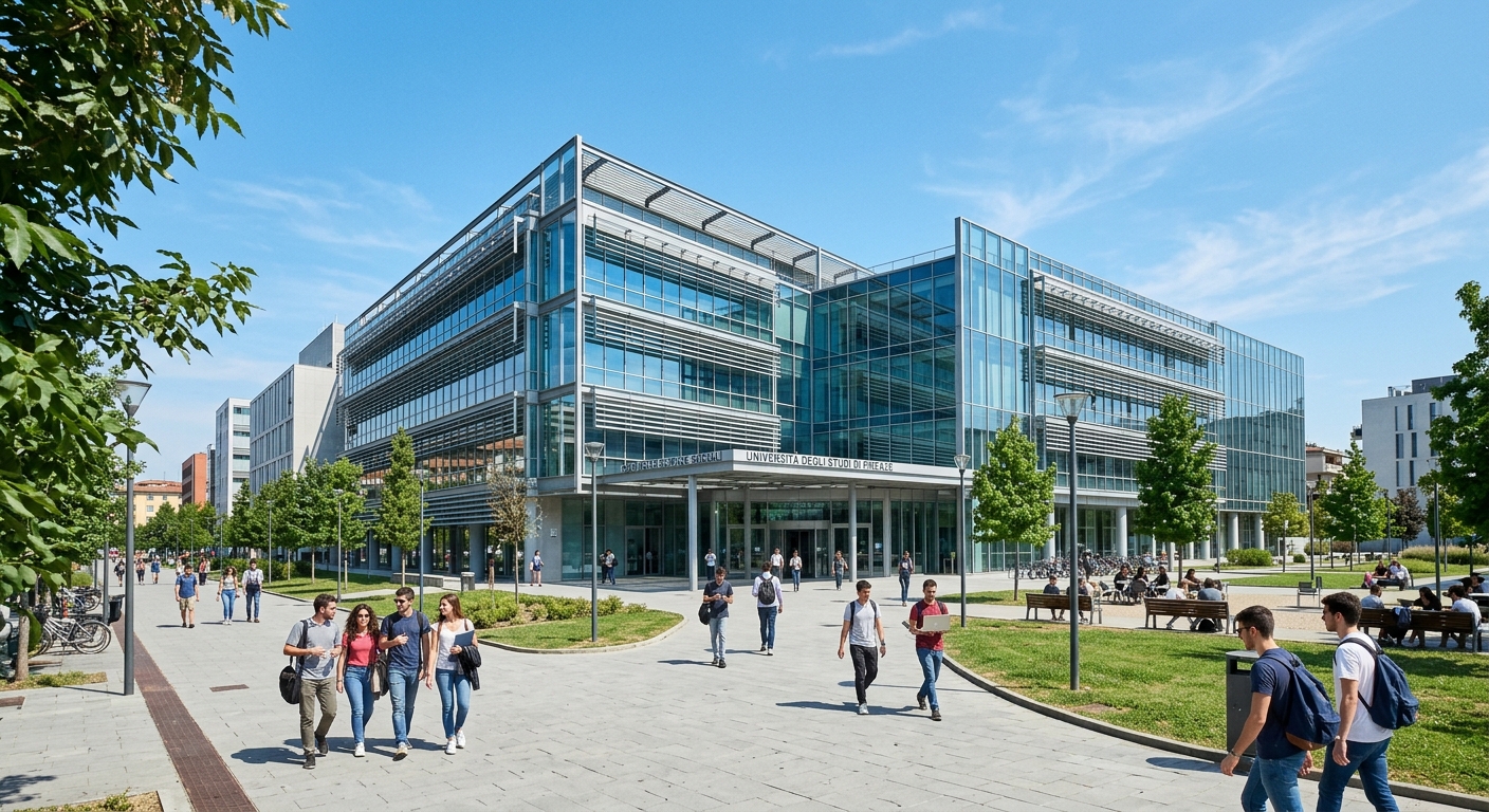The Polo delle Scienze Sociali modern campus building in the Novoli district of Florence, contemporary architecture with glass facades, students walking on pathways, clear blue sky