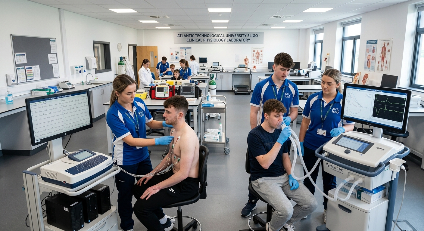 Modern clinical physiology laboratory at Atlantic Technological University Sligo campus, students operating diagnostic medical equipment with ECG monitors and respiratory testing devices, bright clinical setting with medical instruments