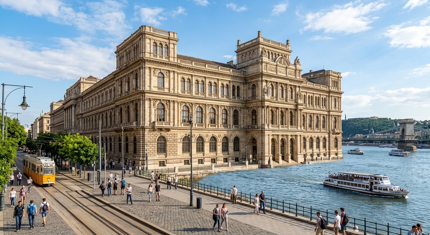 Corvinus University main building Fővám Palace, grand neo-renaissance facade along Danube River, ornate stone architecture with arched windows, blue sky, pedestrians walking by
