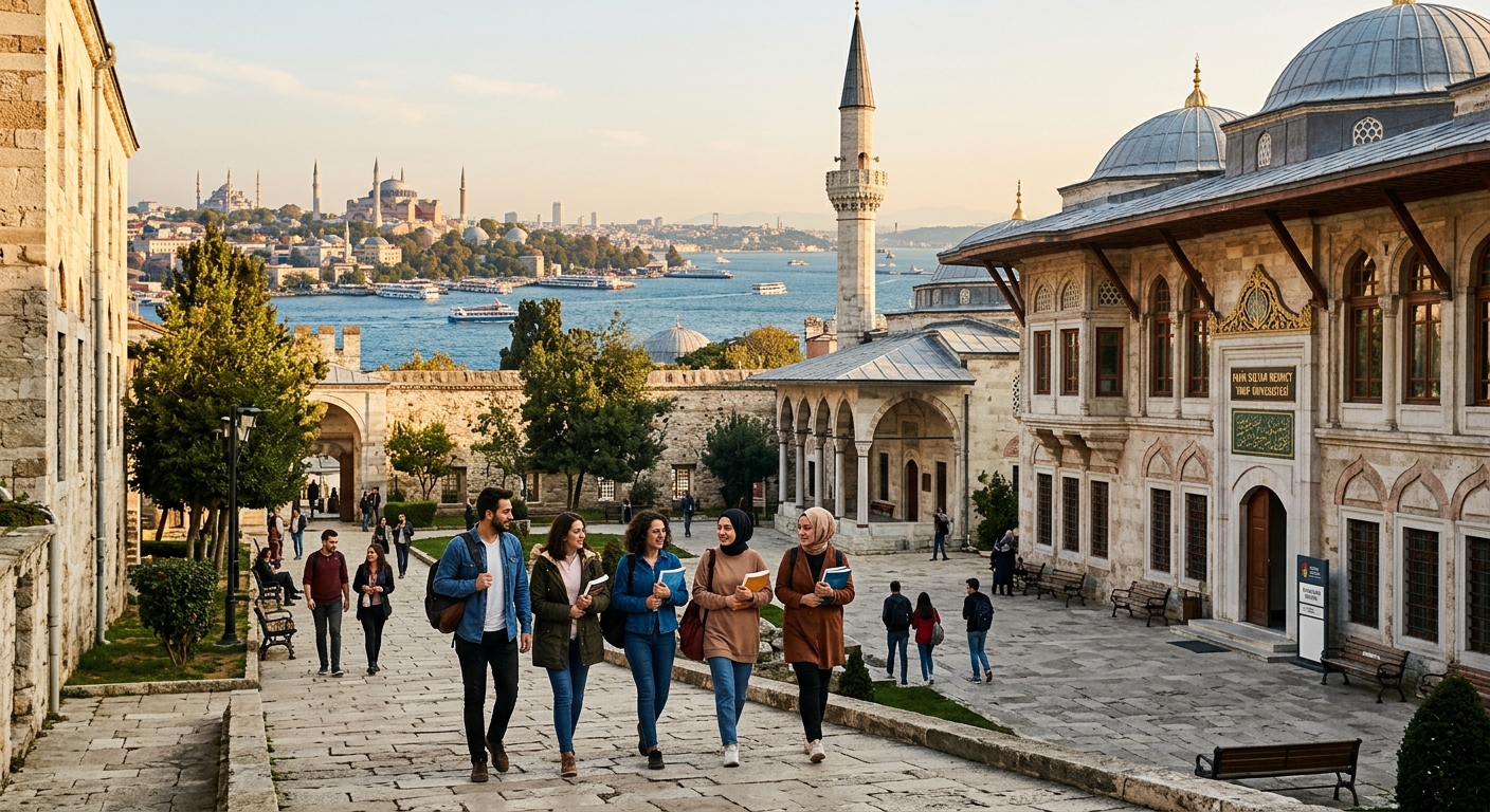 Historic Istanbul university campus with Ottoman-era architecture, graduate students walking through courtyard, Fatih Sultan Mehmet Vakıf University buildings with minarets and Bosphorus skyline in background, warm afternoon light
