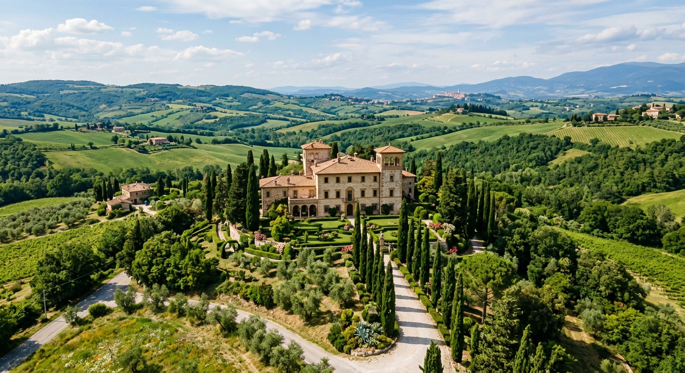 Villa La Colombella surrounded by green Umbrian hills, historic patrician residence with gardens, cypress trees, rolling countryside landscape