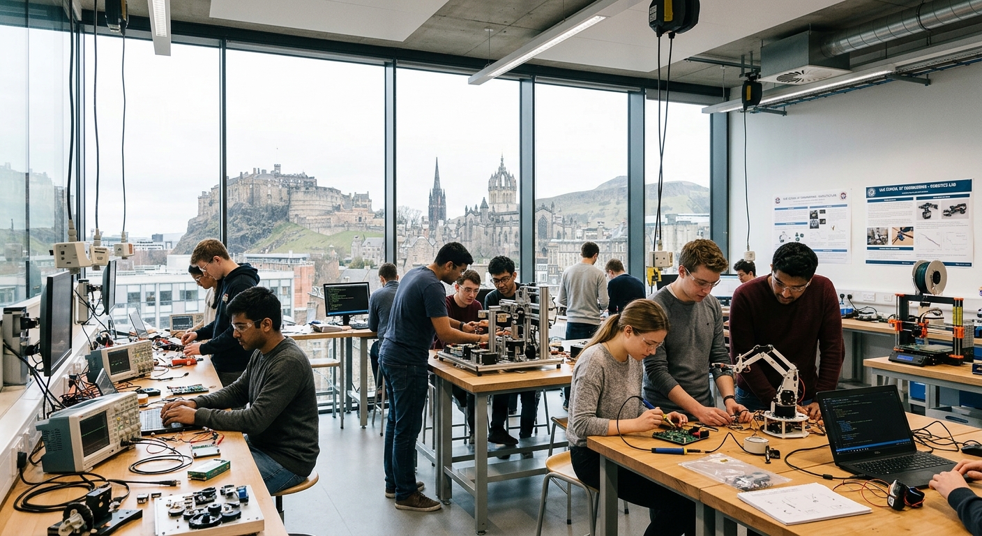 University of Edinburgh School of Engineering building at King's Buildings campus, modern engineering laboratory with students working on electromechanical projects, Edinburgh skyline in the background with historic architecture, bright overcast Scottish sky