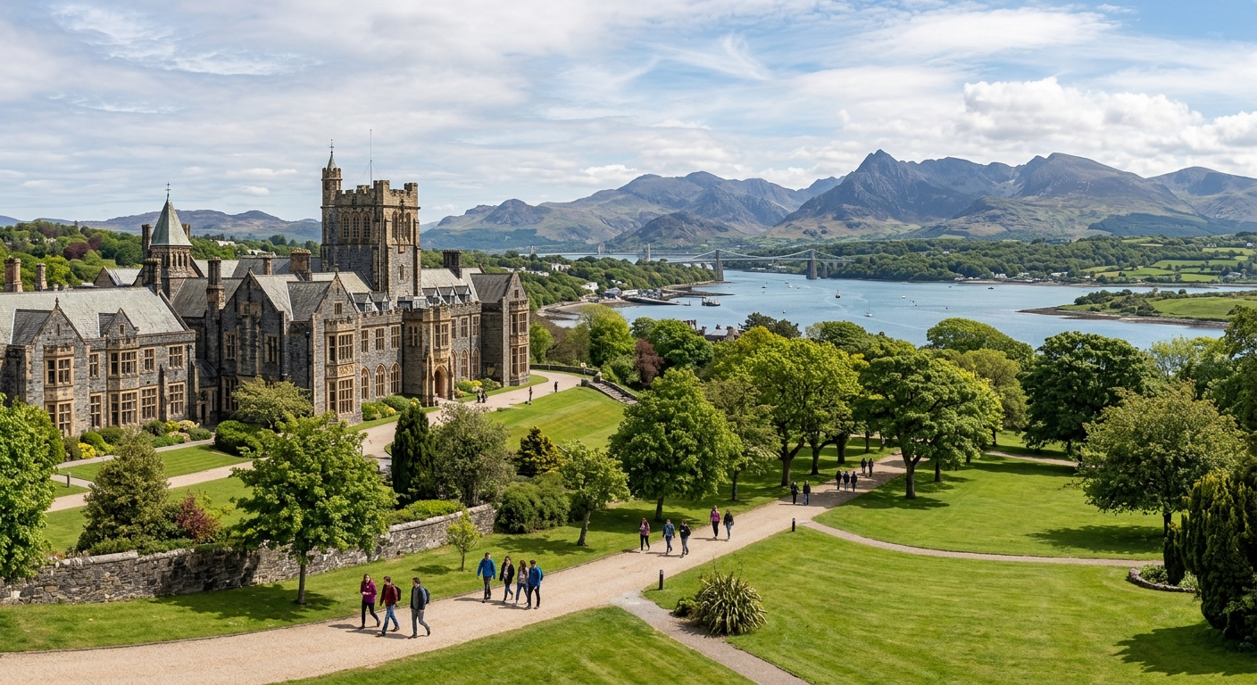 Historic Bangor University campus buildings with green lawns, set against the dramatic backdrop of Snowdonia mountains and the Menai Strait in North Wales, students walking along tree-lined paths