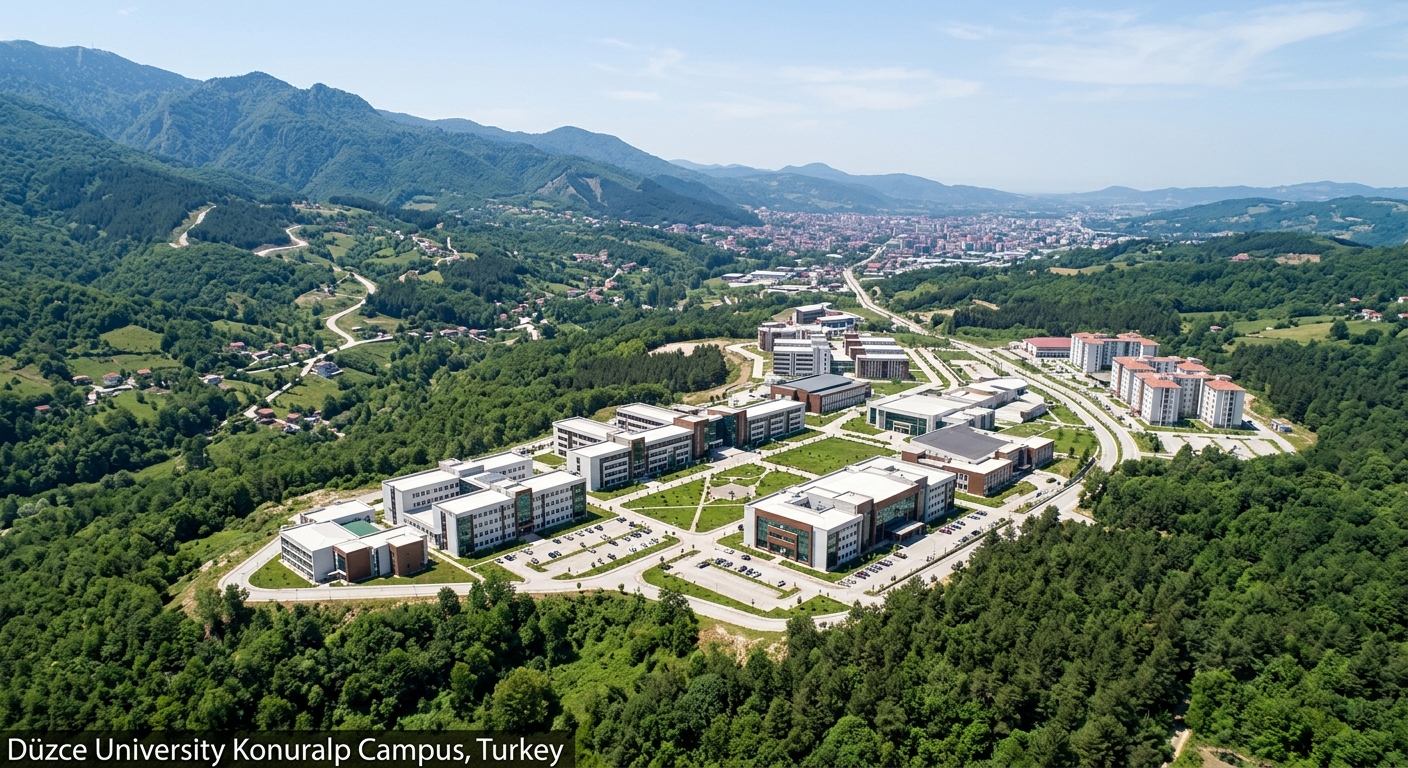 Düzce University Konuralp campus wide aerial view, modern academic buildings surrounded by lush green forests and mountains, northwestern Turkey landscape, clear sky