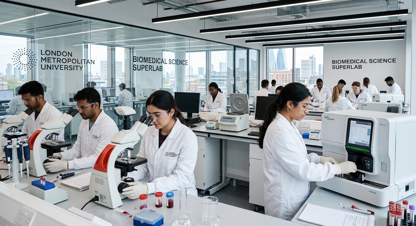 Modern biomedical science laboratory at London Metropolitan University with students in white lab coats using microscopes and blood analysis equipment, bright clinical lighting, glass-walled superlab setting in London