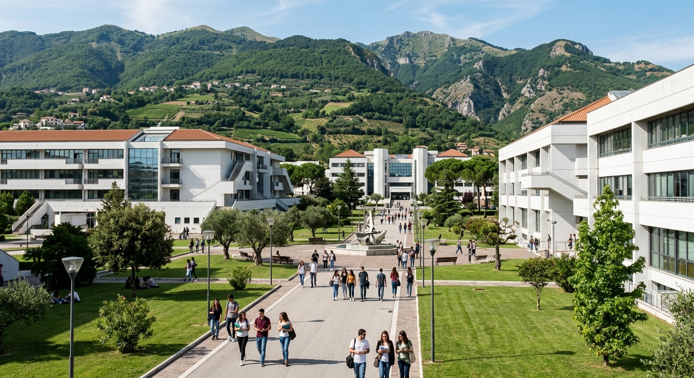 University of Salerno Fisciano main campus, modern white concrete academic buildings, wide pedestrian walkways, green lawns, students walking between lecture halls, Mediterranean hillside backdrop